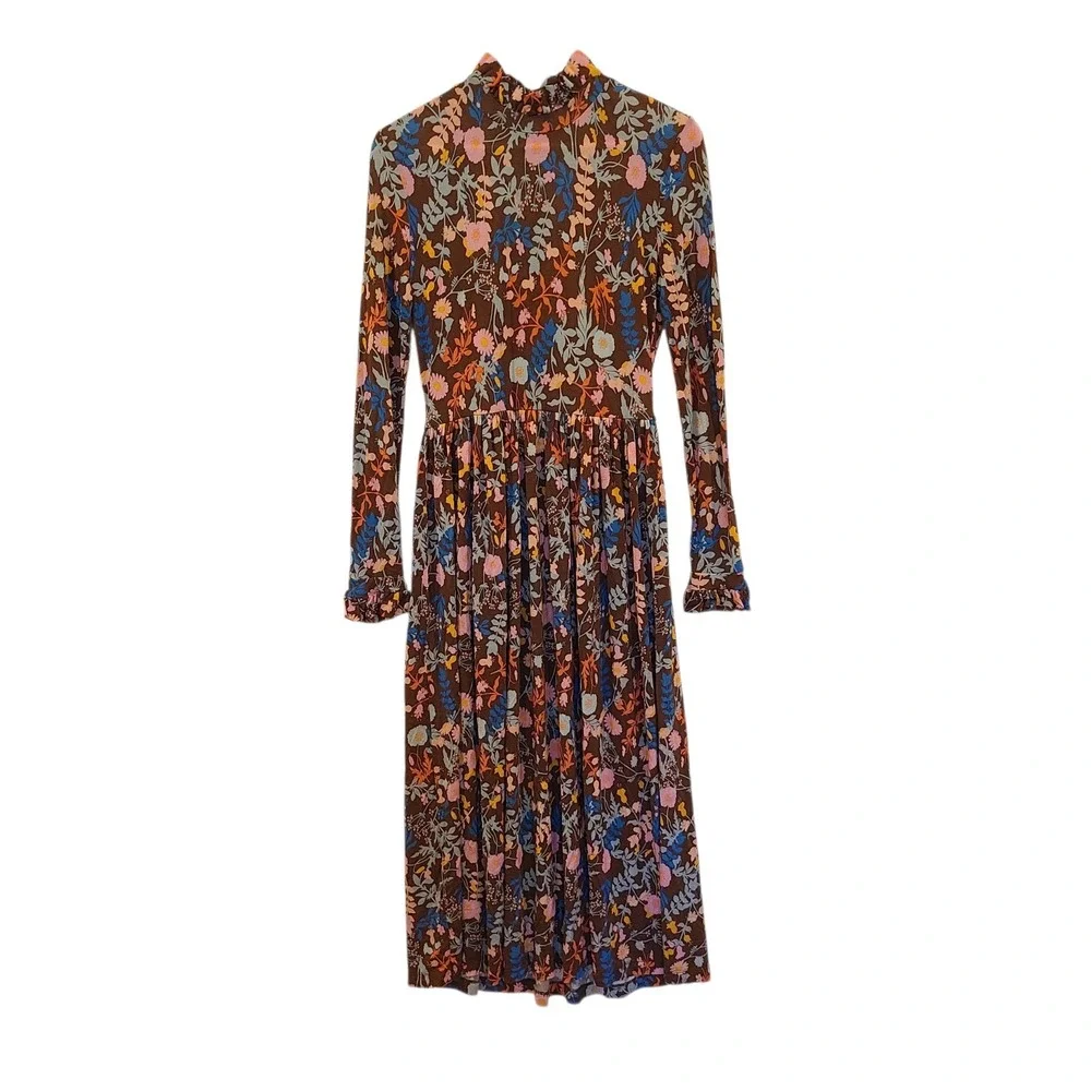 STINE GOYA Clarabelle Midi Dress Brown Floral Ruffles Knit Jersey Flowy‎ Size 4